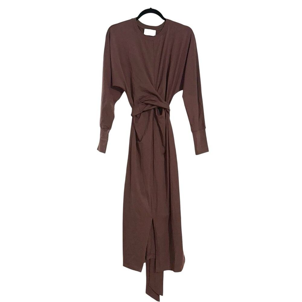Modern Citizen Wei Tie Front Organic Cotton Brown Long Sleeve Midi Dress MEDIUM - Picture 3 of 8